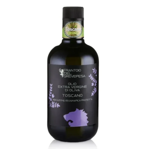 Una bottiglia di olio extra vergine di oliva Frantoio del Grevepesa Toscano con etichetta nera e accenti viola, raffigurante la silhouette di un lupo e un sigillo di certificazione verde.