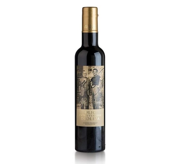 A tall, dark glass bottle of olive oil with a gold cap and a label featuring two people and the text “Olio Extra Vergine di Oliva.”.