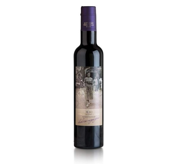 A tall, dark glass bottle of extra virgin olive oil with a purple cap and a vintage-style label featuring a black and white photograph.