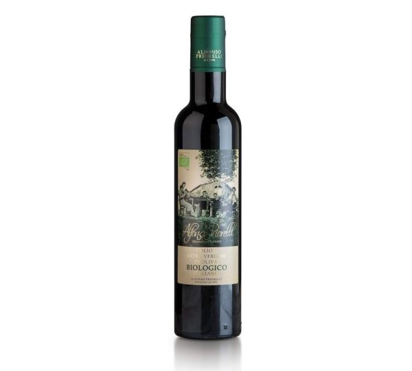 A dark glass bottle of Alfonso Ferlito Olio Extra Vergine Biologico olive oil, featuring a vintage-style label with a green cap.