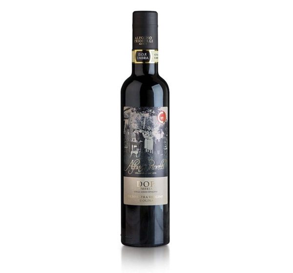 A tall, dark glass bottle labeled “DOP Maraiolo Olio Extra Vergine di Oliva” with a gold band near the neck and a scenic illustration on the front.